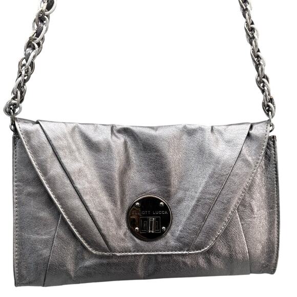Elliott Lucca Metallic Silver Leather Turn-Lock Closure Clutch Shoulder Bag - Picture 2 of 11